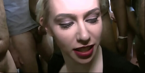 blonde slag gobbles dicks in blowbang